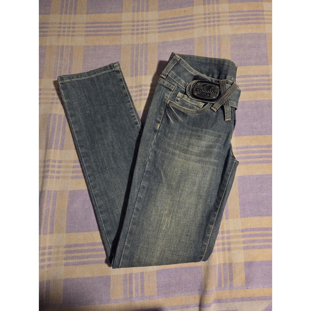 Carmim Womens Y2K Low Rise Blue Jeans Size 27 Metal Belt Buckle Skinny Denim